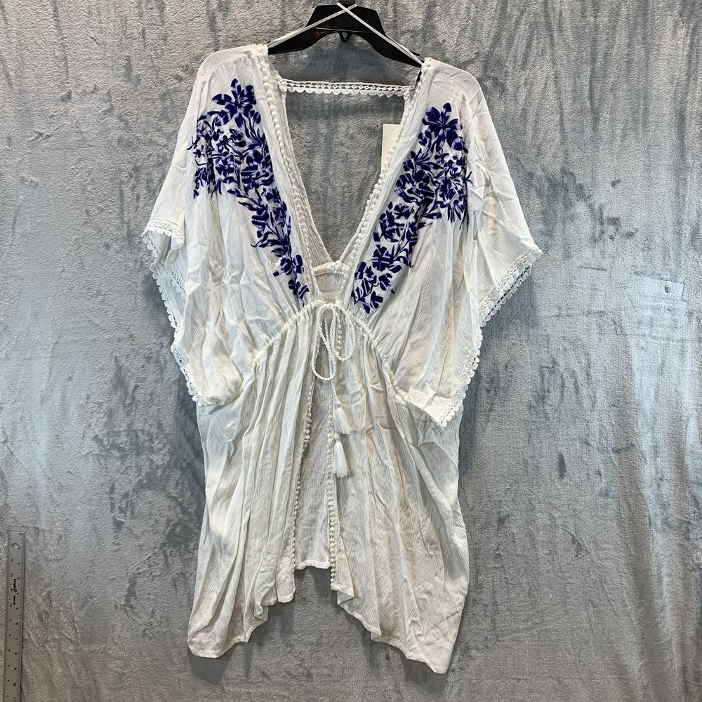 Raviya Women's Swimsuit Cover Up 2X Plus White Tie Front Blue Floral Embroidered